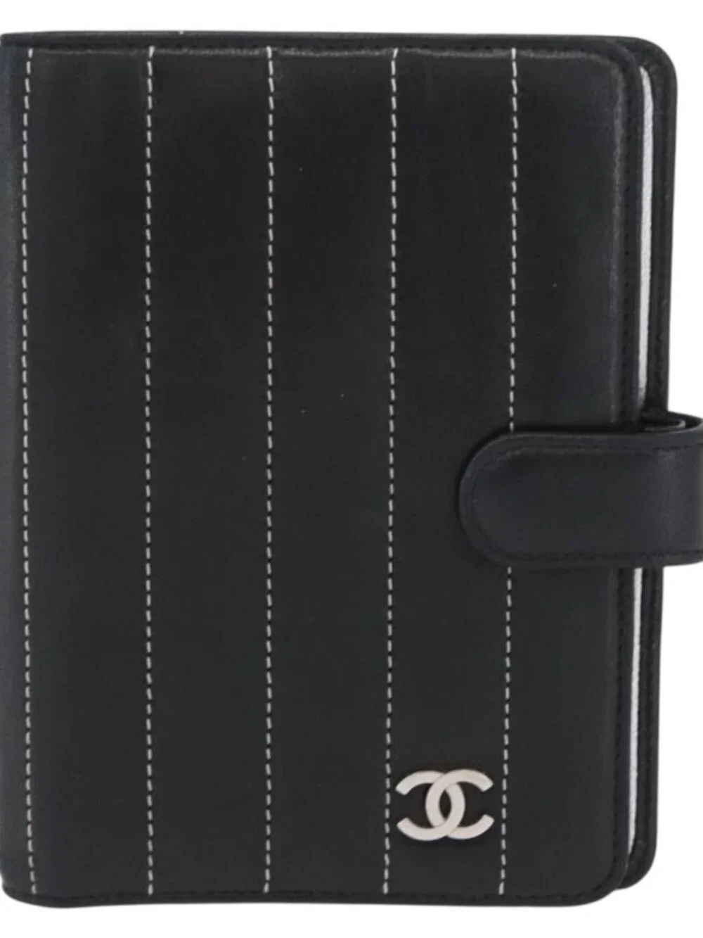 CHANEL Mademoiselle Agenda Day Planner Cover Leather Silver Black CC Auth mr2185